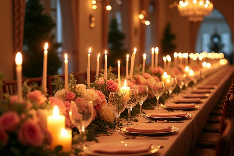 Un lungo tavolo imperiale per un ricevimento di matrimonio, sontuosamente decorato con una ghirlanda floreale continua di rose, eucalipto e candele, in un ambiente rischiarato da luci calde.